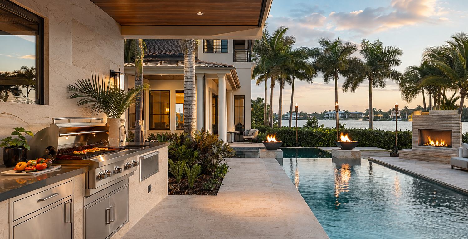 Waterfront outdoor kitchen at dusk with a propane grill, twin fire bowls and a linear fire feature beside the pool