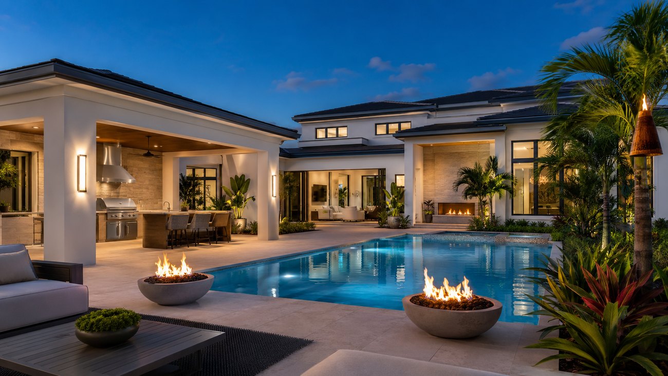 Twin propane fire bowls beside a pool at a modern Florida estate at dusk